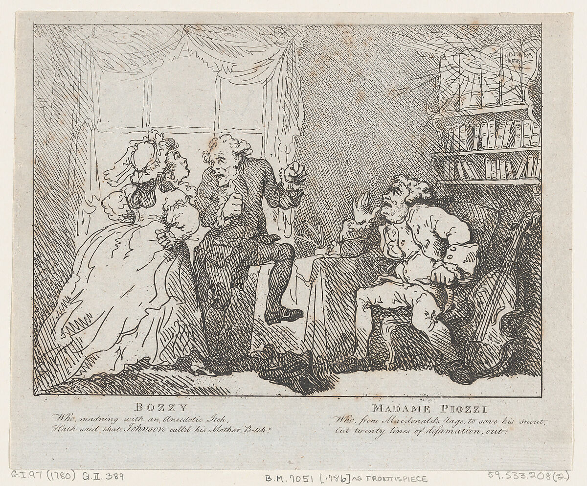 Bozzy and Madame Piozzi (Frontispiece, "Bozzy and Piozzi" by Peter Pindar), Thomas Rowlandson (British, London 1757–1827 London), Engraving 