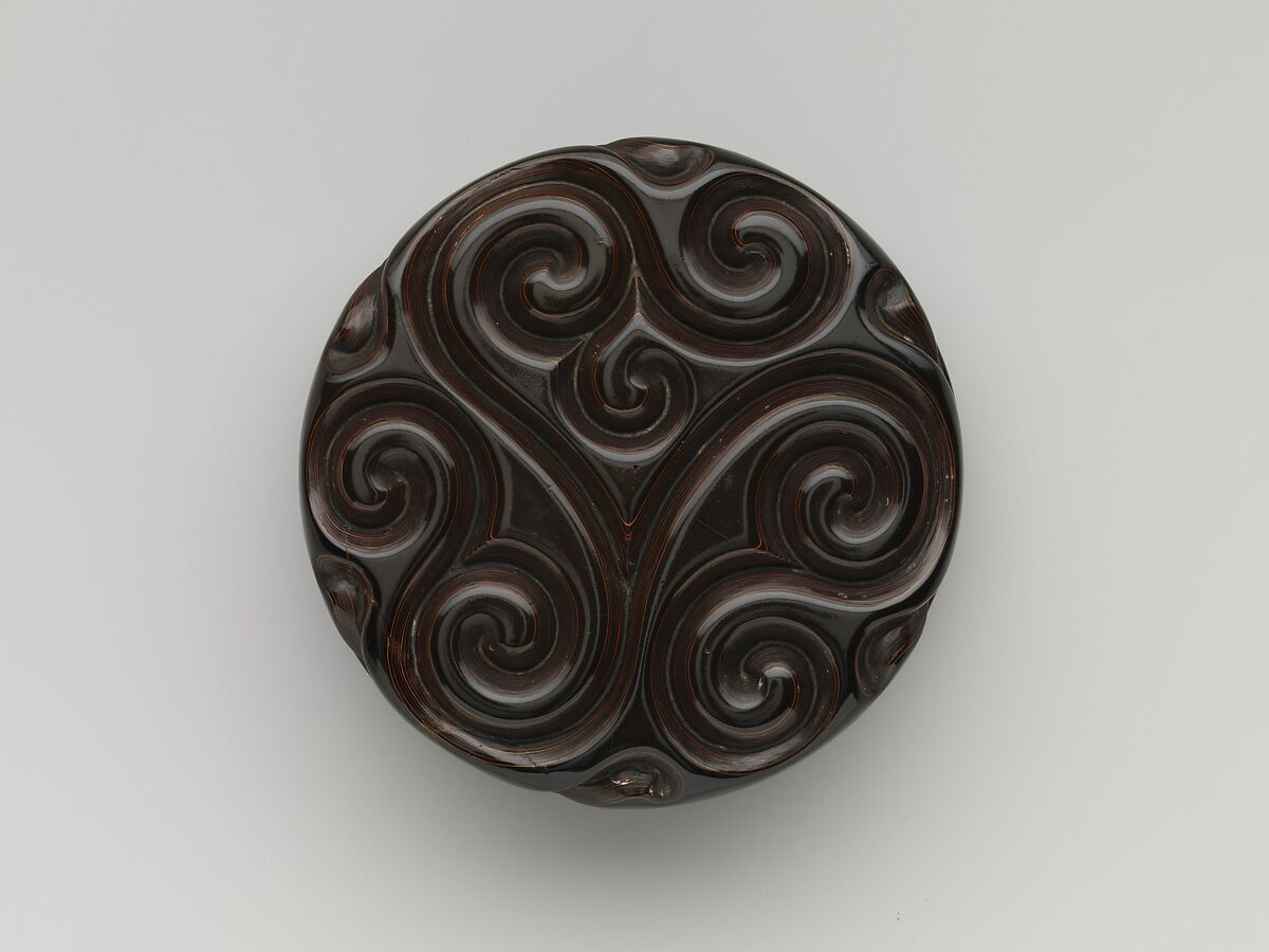 Incense box with fragrant grass design, Carved black, red, and yellow lacquer, China 