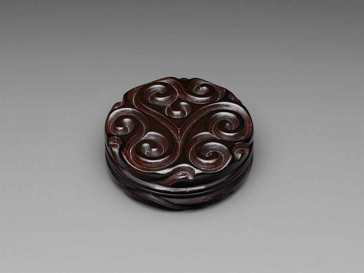 Incense box with fragrant grass design, Carved black, red, and yellow lacquer, China