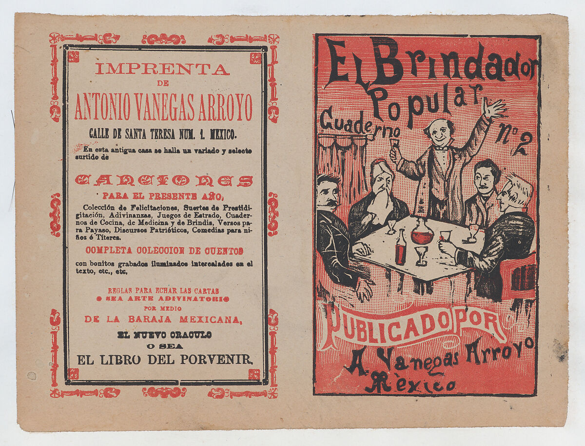 Cover for 'El Brindador Popular', a man raising a toast to a group of people seated around a table, José Guadalupe Posada (Mexican, 1851–1913), Type-metal engraving and letterpress in red and black ink on tan paper 