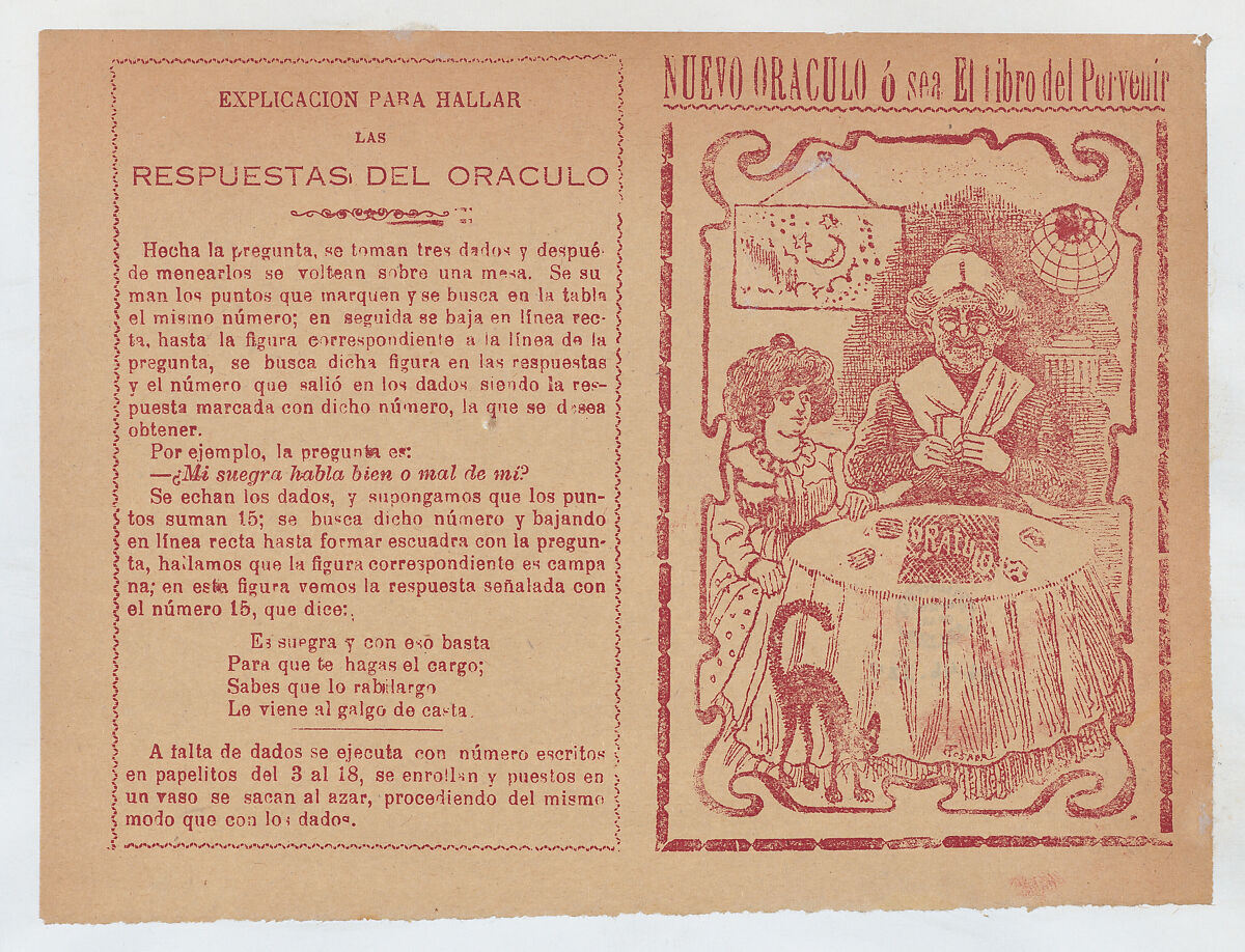 Cover for 'Nuevo Oraculo ó sea El Libro del Porvenír', an old women seated at a table and reading someone's fortune from cards, José Guadalupe Posada (Mexican, Aguascalientes 1852–1913 Mexico City), Photo-relief and letterpress in red ink on tan paper 