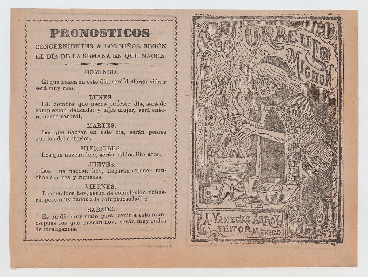 Cover for 'Oraculo Mignon', a witch brewing a potion in a cauldron, José Guadalupe Posada (Mexican, Aguascalientes 1852–1913 Mexico City), Zincograph and letterpress on tan paper 