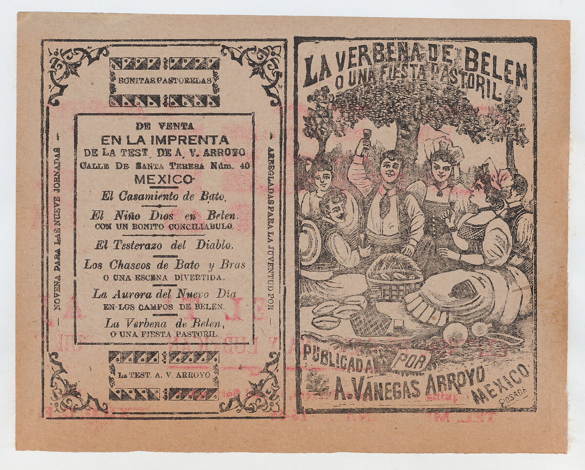 Cover for 'La Verbena de Belen o Una Fiesta Pastoril", people having a picnic in a field, José Guadalupe Posada (Mexican, 1851–1913), Type-metal engraving and letterpress on tan paper 