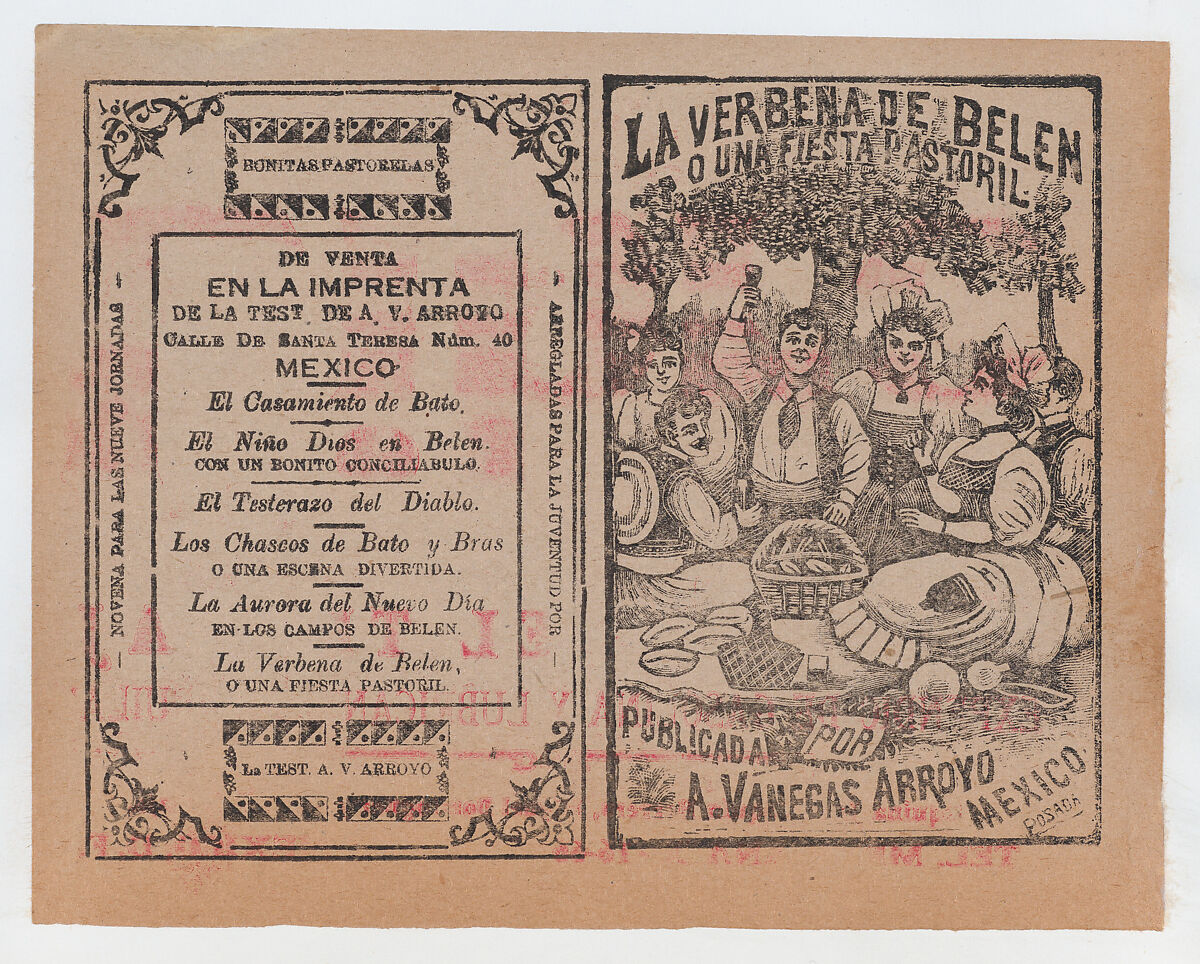 Cover for 'La Verbena de Belen o Una Fiesta Pastoril", people having a picnic in a field, José Guadalupe Posada (Mexican, Aguascalientes 1852–1913 Mexico City), Type-metal engraving and letterpress on tan paper 