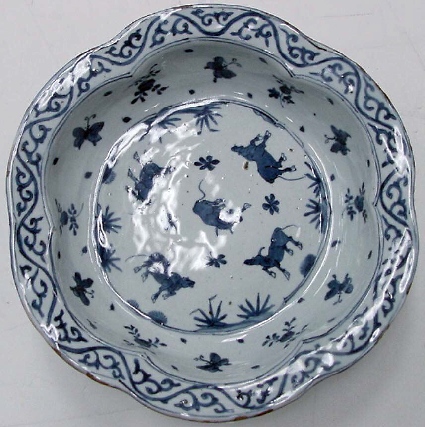 Dish with Decoration of Oxen and Cherry Blossoms, Porcelain painted in underglaze cobalt blue over white slip (Jingdezhen ware), China 