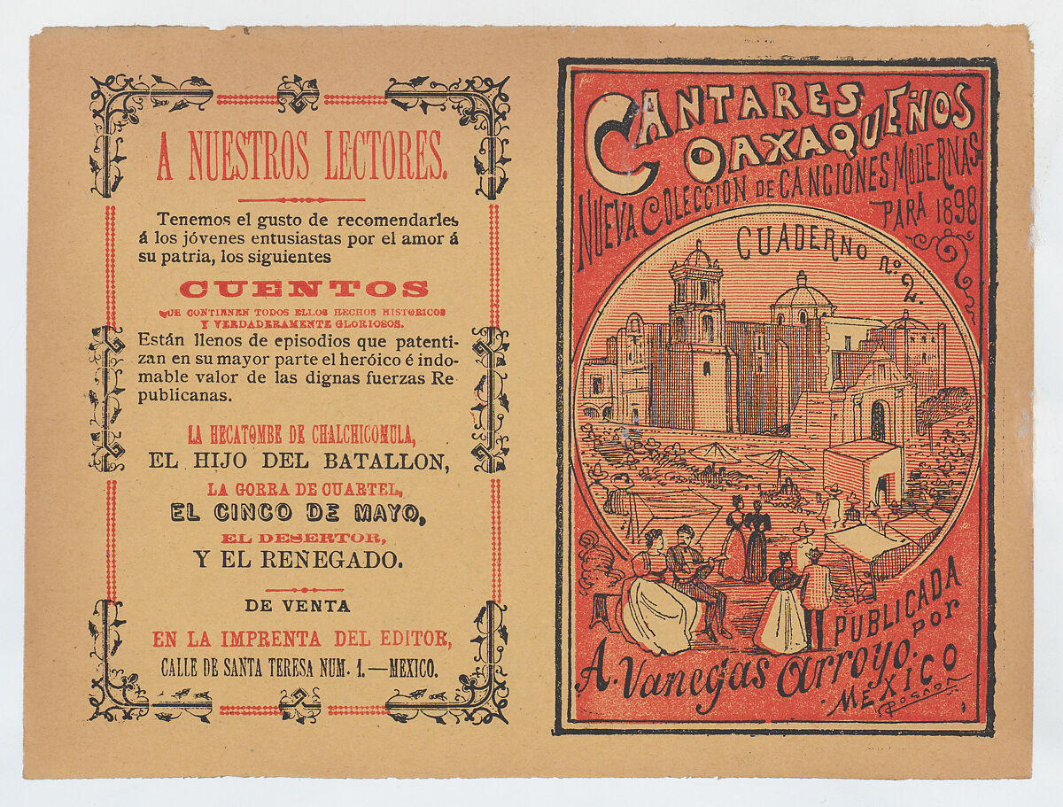 Cover for 'Cantares Oaxaqueños: Nueva Coleccion de Canciones Modernas para 1898', couples walking arm in arm on the outskirts of a town, José Guadalupe Posada (Mexican, Aguascalientes 1852–1913 Mexico City), Chiaroscuro engraving and letterpress in red and black ink on yellow paper 