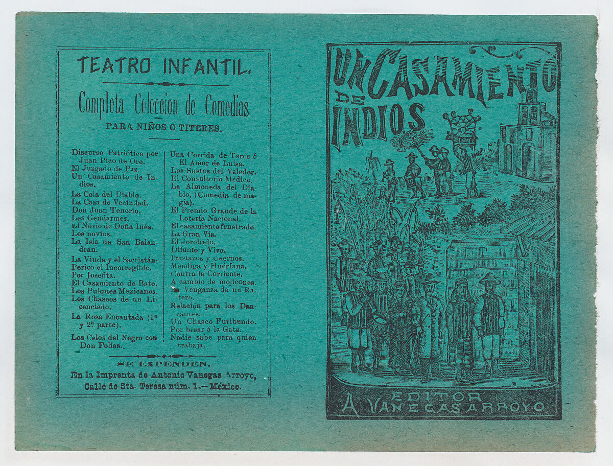 Cover for 'Un Casamiento de Indios', a wedding procession following a bride and groom, José Guadalupe Posada (Mexican, Aguascalientes 1852–1913 Mexico City), Type-metal engraving and letterpress printed on green paper 