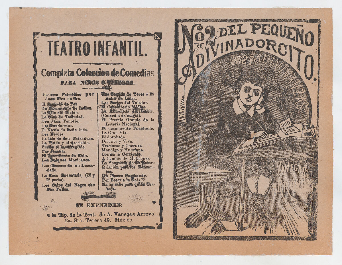 Cover for 'Del Pequeño Adivinadorcito', a young boy resting his head on his hand and writing at a desk, José Guadalupe Posada (Mexican, Aguascalientes 1852–1913 Mexico City), Type-metal engraving and letterpress printed on tan paper 