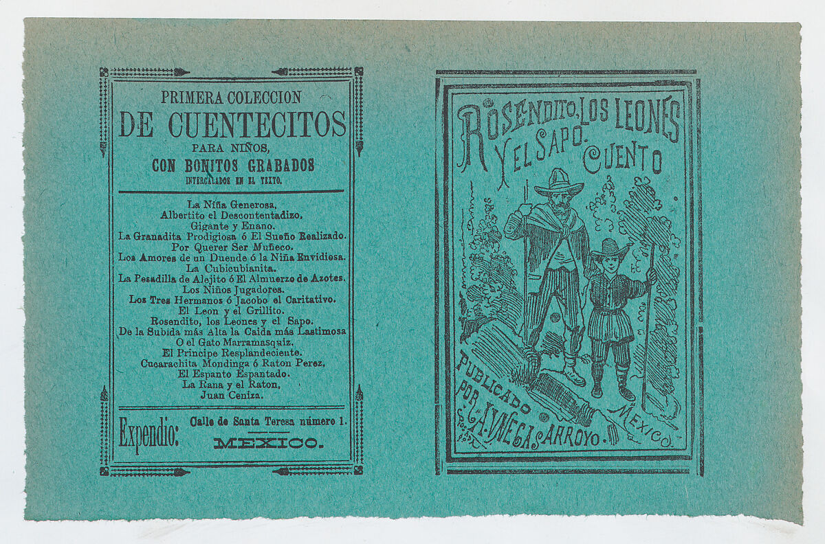Cover for 'Rosendito, Los Leones, y El Sapo', a young boy and man holding walking sticks, José Guadalupe Posada (Mexican, Aguascalientes 1852–1913 Mexico City), Zincograph and letterpress printed on green paper 