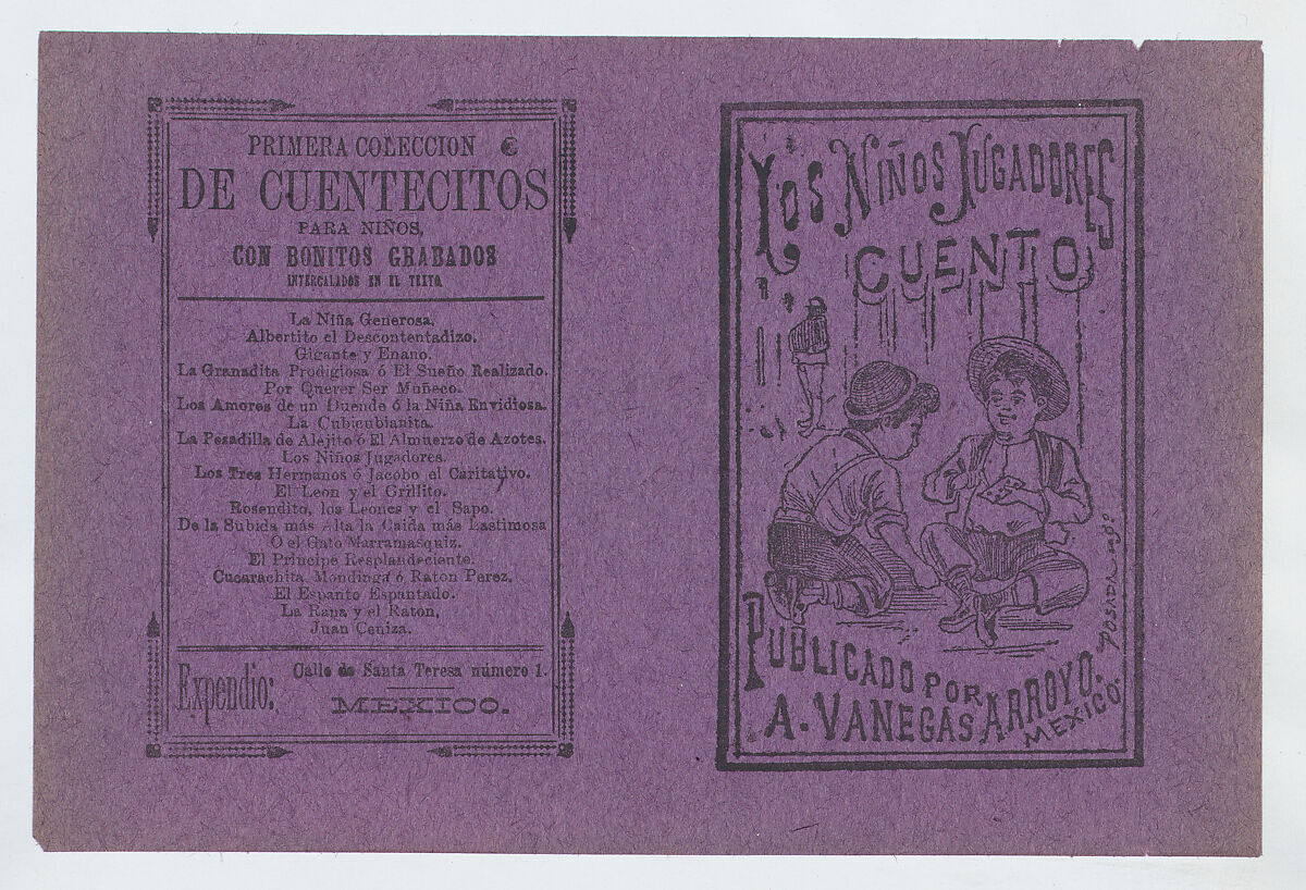 Cover for 'Los Niños Jugadores', two young boys playing with toys, José Guadalupe Posada (Mexican, Aguascalientes 1852–1913 Mexico City), Zincograph and letterpress printed on purple paper 
