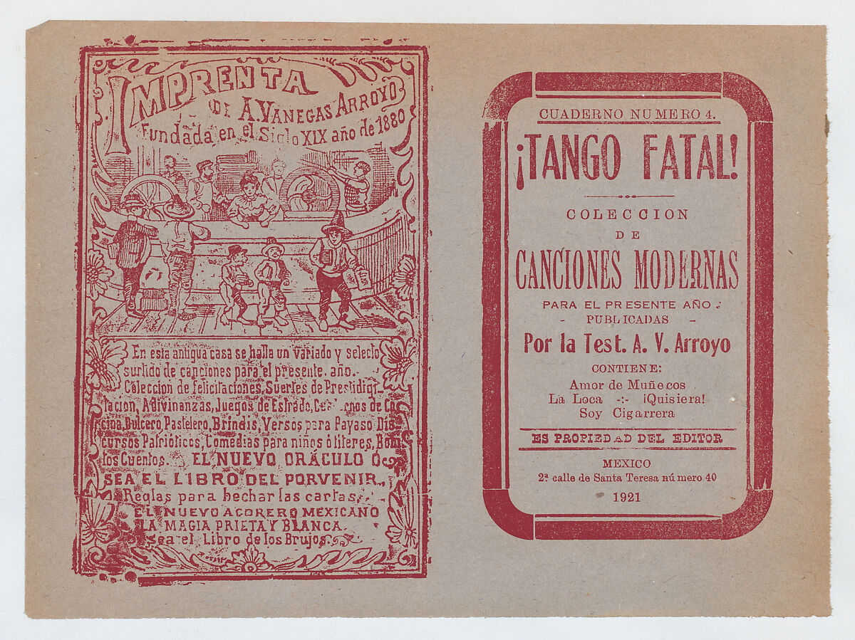 Cover for 'Tango Fatal! Coleccion de Canciones Modernas', José Guadalupe Posada (Mexican, 1851–1913), Zincograph and letterpress printed in red on tan paper 