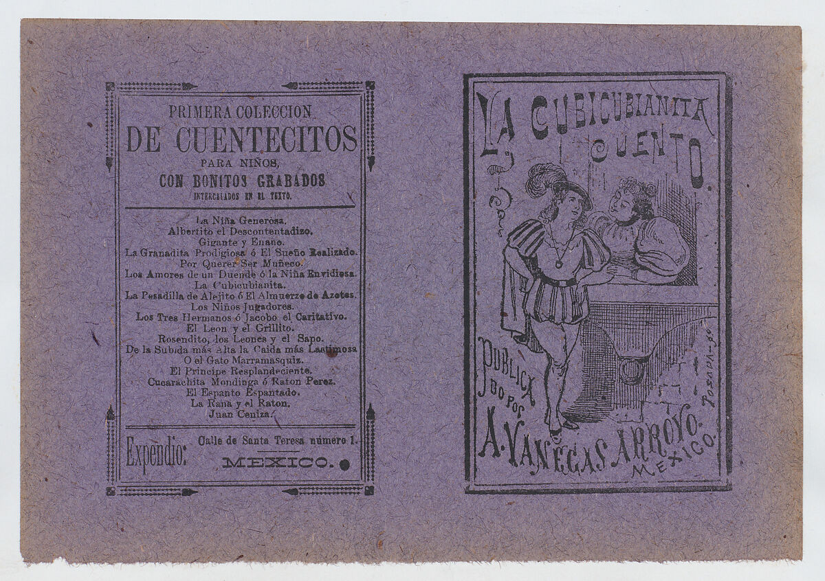 Cover for 'La Cubicubianita Cuento', a figure wearing a feathered hat leaning on a windowsill and talking to another woman, José Guadalupe Posada (Mexican, 1851–1913), Zincograph and letterpress printed on purple paper 