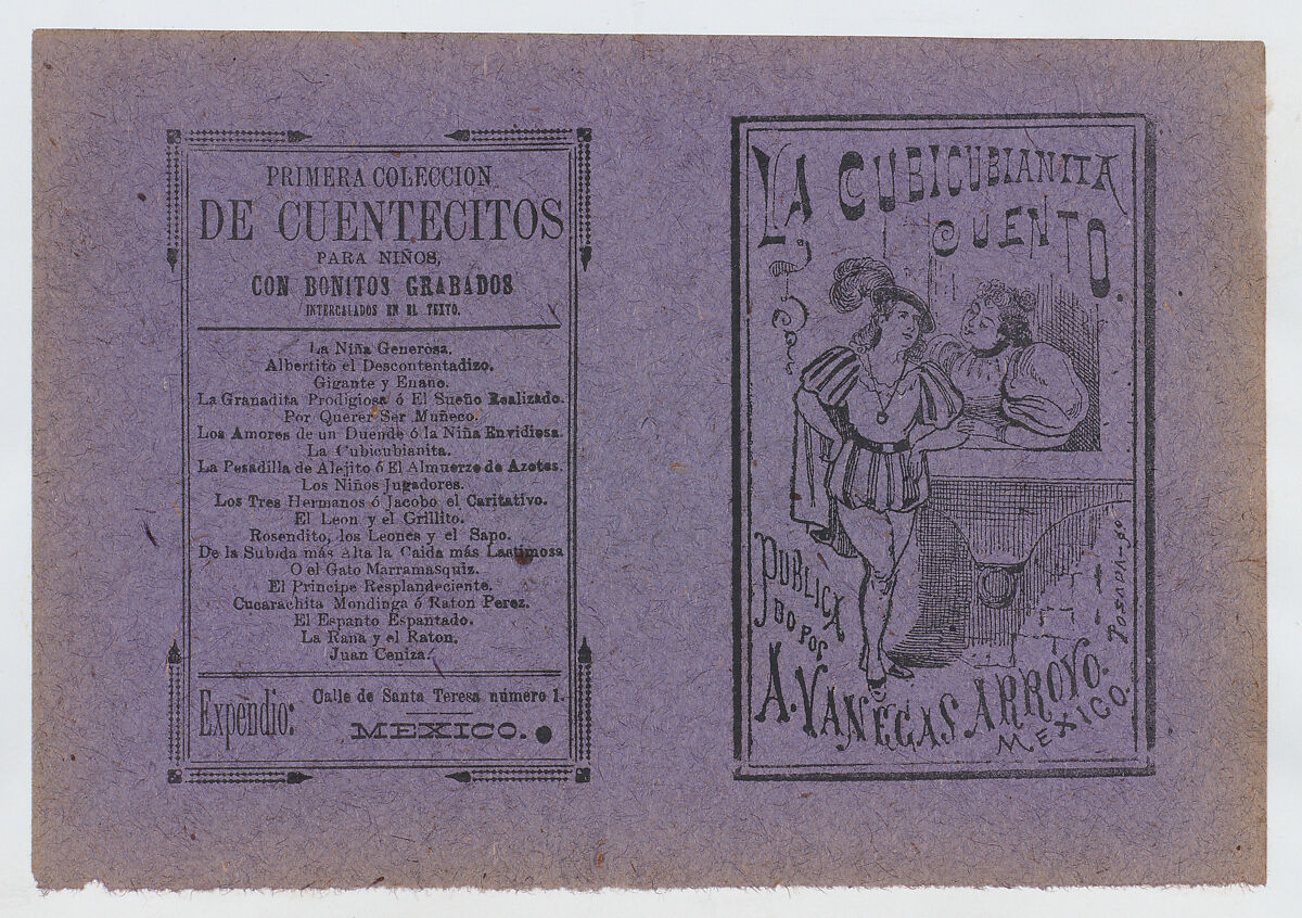 Cover for 'La Cubicubianita Cuento', a figure wearing a feathered hat leaning on a windowsill and talking to another woman, José Guadalupe Posada (Mexican, Aguascalientes 1852–1913 Mexico City), Zincograph and letterpress printed on purple paper 