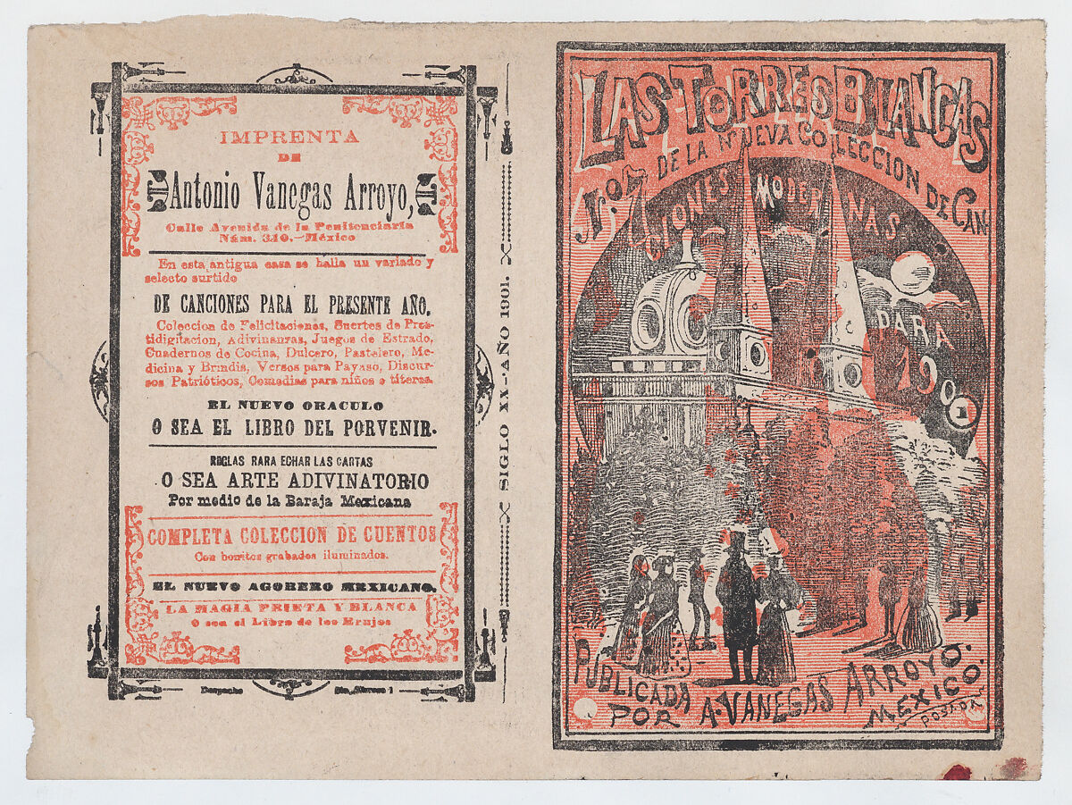 Cover for 'Las Torres Blancas', a group of people walking and looking up at two white towers, José Guadalupe Posada (Mexican, Aguascalientes 1852–1913 Mexico City), Type-metal engraving and letterpress in red and black ink on tan paper 