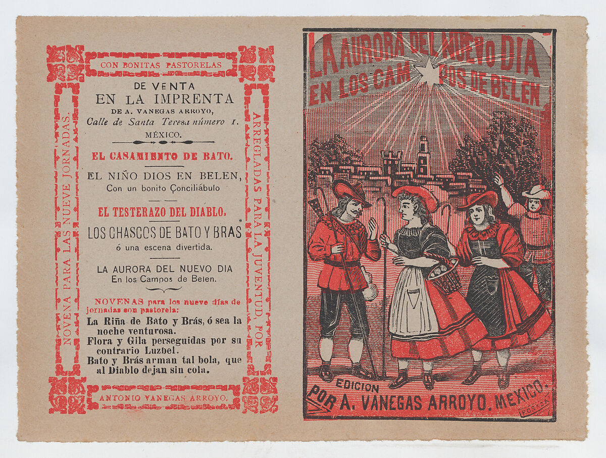 Cover for 'La Aurora del Nuevo Dia en los Campos de Belen', villagers holding shepherd's hooks and walking in the countryside, José Guadalupe Posada (Mexican, Aguascalientes 1852–1913 Mexico City), Type-metal engraving and letterpress in red and black ink on tan paper 