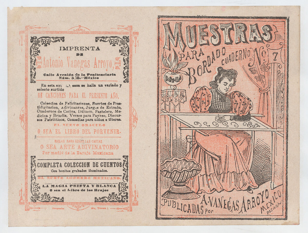 Cover for 'Muestras para Bordado', a woman embroidering, José Guadalupe Posada (Mexican, Aguascalientes 1852–1913 Mexico City), Zincograph and letterpress in red and black ink on tan paper 