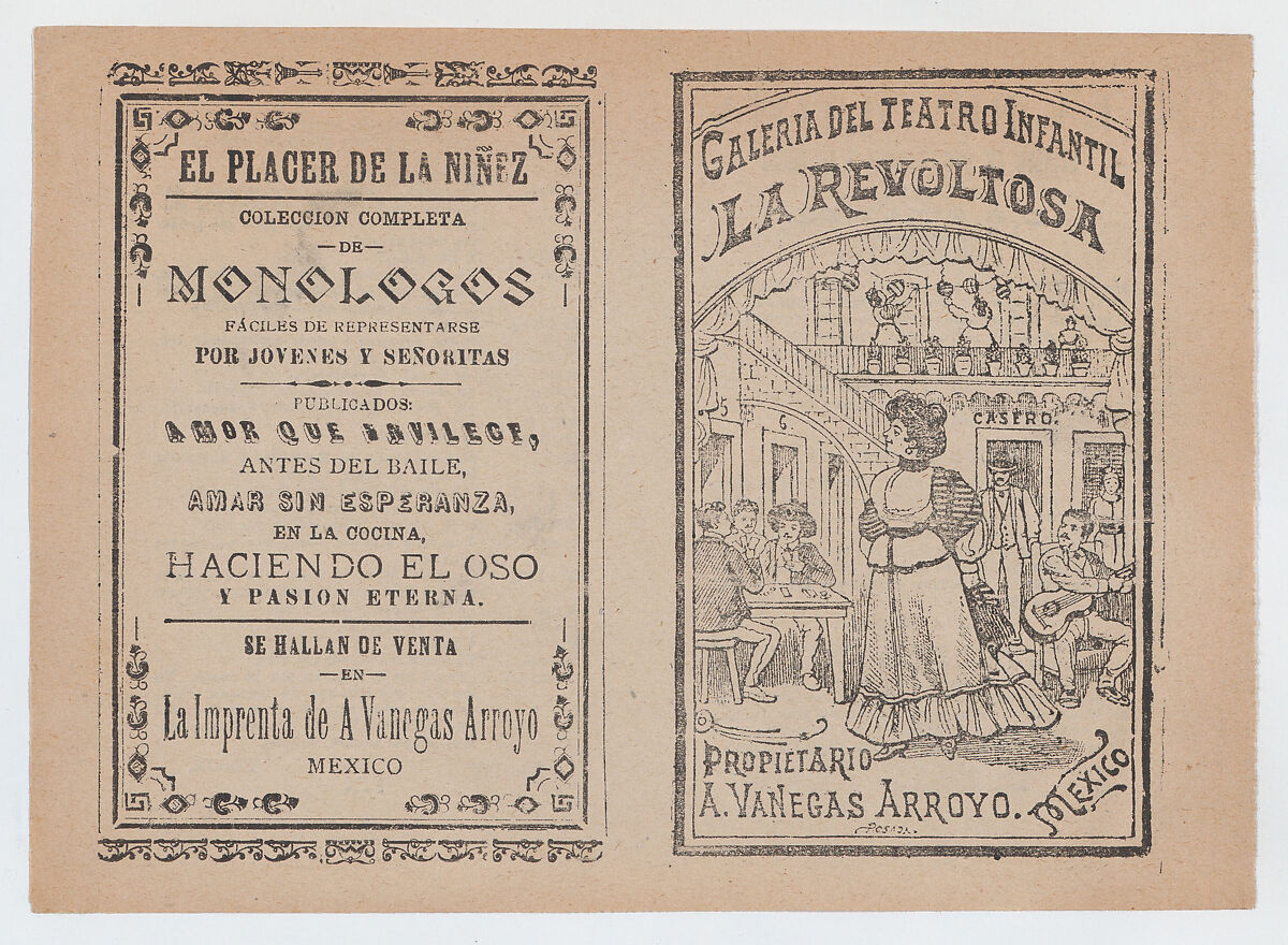 Cover for 'La Revoltosa', a woman standing in the middle of a saloon surrounded by people playing games and music, José Guadalupe Posada (Mexican, Aguascalientes 1852–1913 Mexico City), Zincograph and letterpress printed on tan paper 