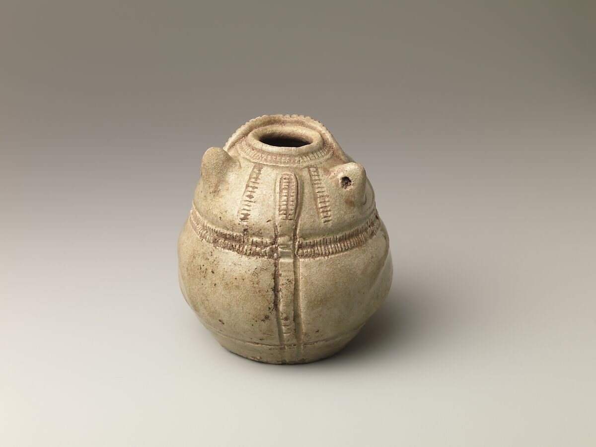Lime Pot in the Shape of Cat, Glazed pottery with incised decoration, Thailand (Buriram Province)