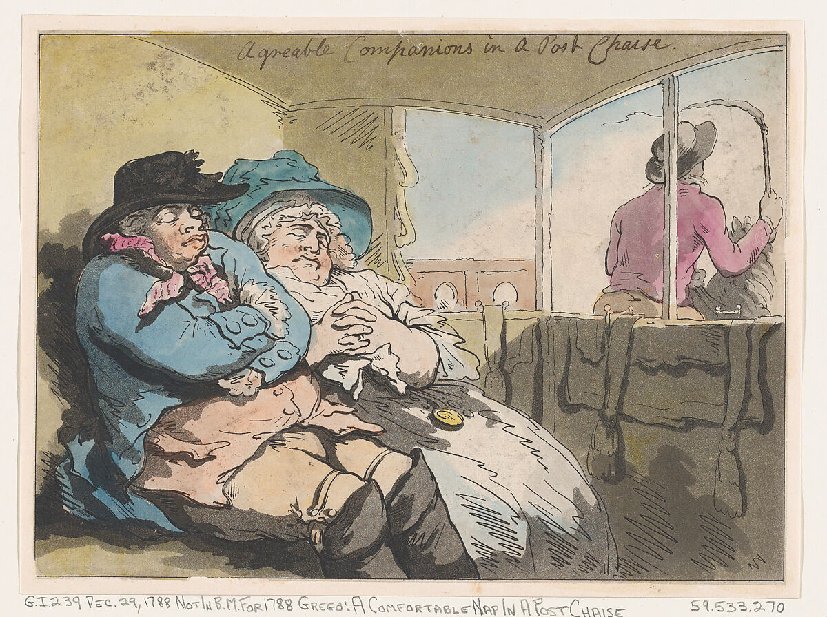 A Comfortable Nap in a Post Chaise, Thomas Rowlandson (British, London 1757–1827 London), Hand-colored etching and aquatint 