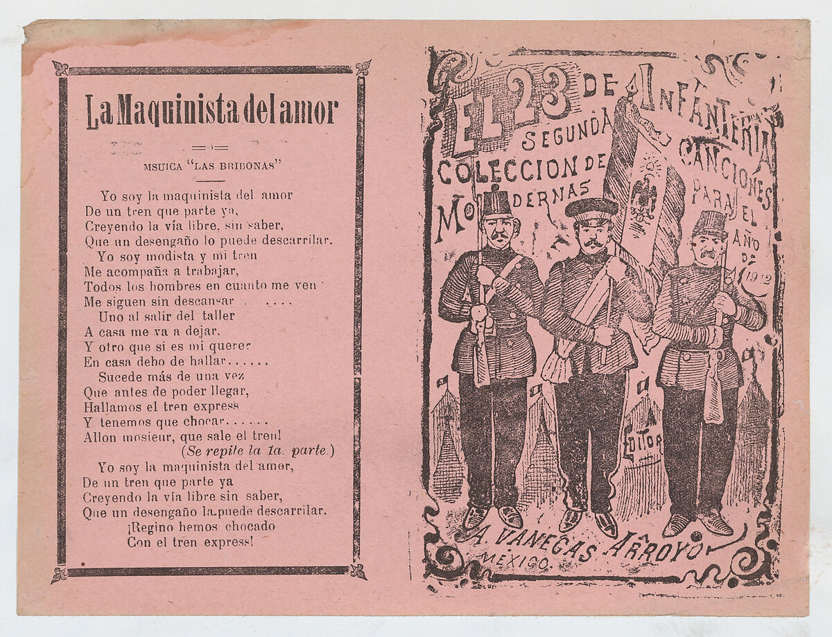Cover for 'El 23 de Infanteria', three infantry soldiers standing in a line holding rifles and a flag, José Guadalupe Posada (Mexican, Aguascalientes 1852–1913 Mexico City), Zincograph and letterpress printed on pink paper 
