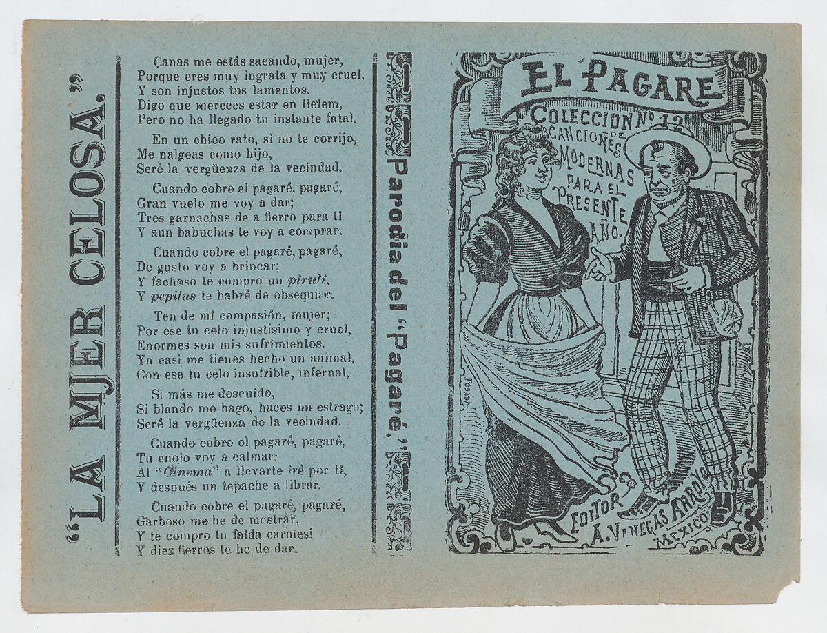 Cover for 'El Pagare', a man holding a cigarette and gesturing to a woman holding a shawl, José Guadalupe Posada (Mexican, Aguascalientes 1852–1913 Mexico City), Zincograph and letterpress printed on blue paper 