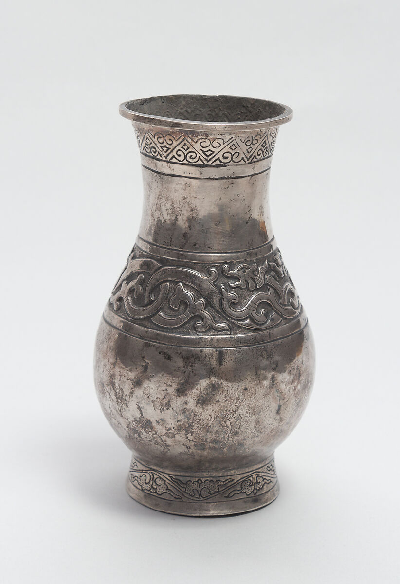 Vessel with dragon frieze, Silver, China