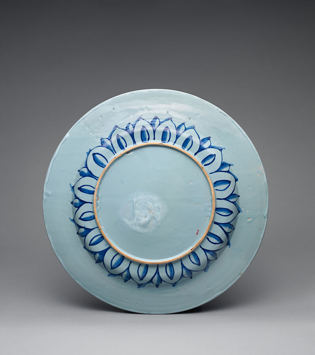 Dish with a Landscape, Jacopo da Pesaro (Italian, active Venice, 1507–ca. 1550), Tin-glazed earthenware painted with dark blue and white highlights on light blue berettino ground, Italian, Venice