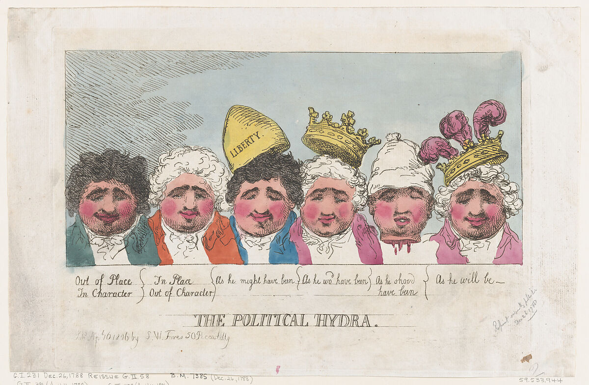 The Politcal Hydra, Thomas Rowlandson (British, London 1757–1827 London), Hand-colored etching 
