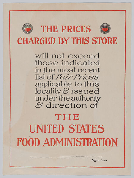 The prices charged by this store, United States Food Administration, Commercial color lithograph 
