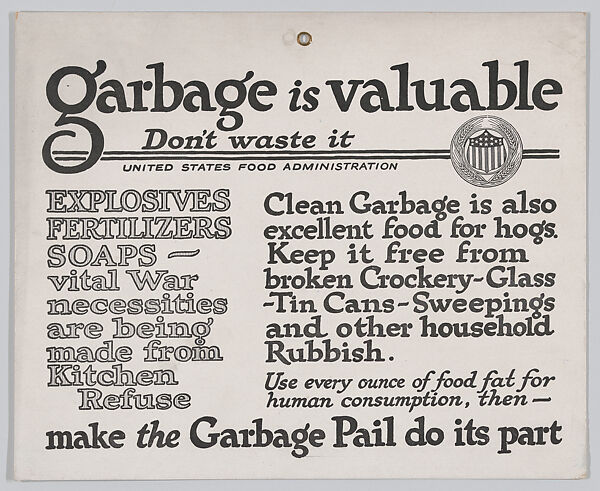 Garbage is valuable, Issued by United States Food Administration, Commercial lithograph 