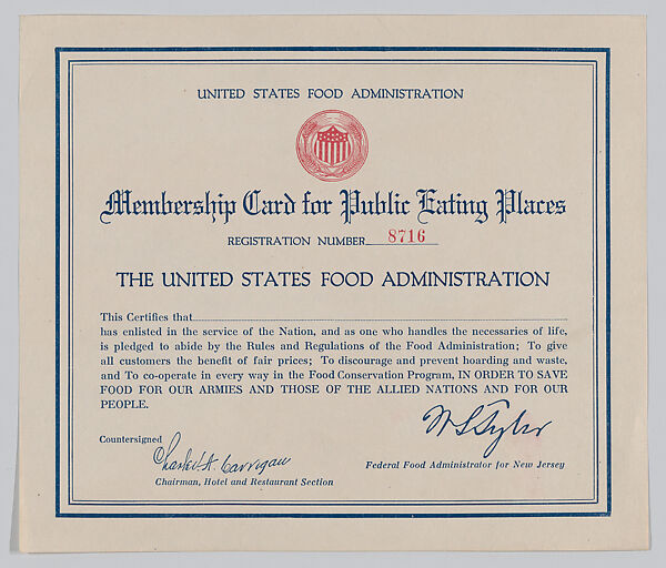 Membership card for public eating places, United States Food Administration, Commercial color lithograph 
