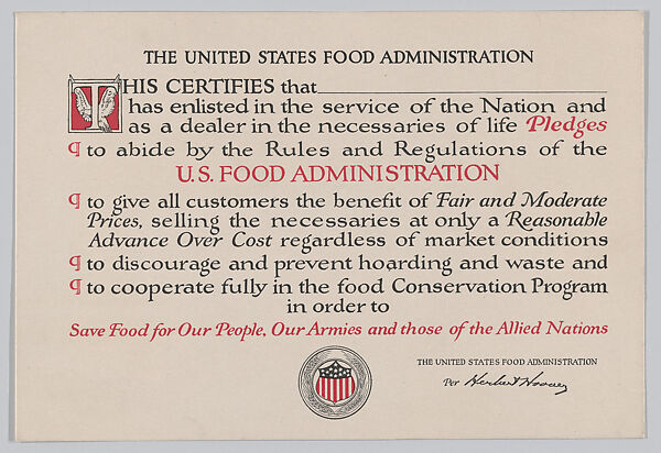 The United States Food Administration certificate, United States Food Administration, Commercial color lithograph 