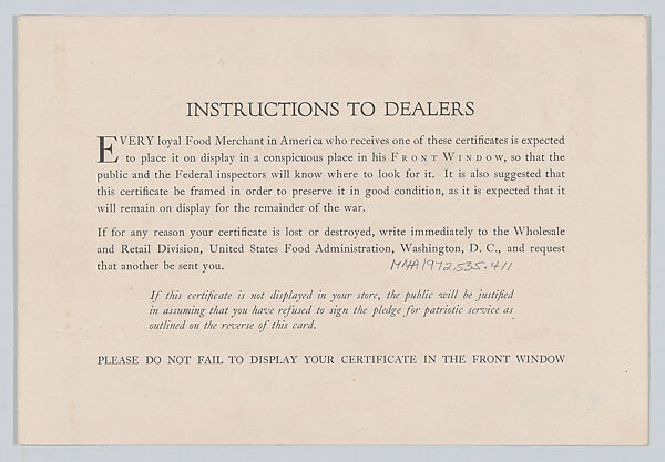 The United States Food Administration certificate, United States Food Administration, Commercial color lithograph