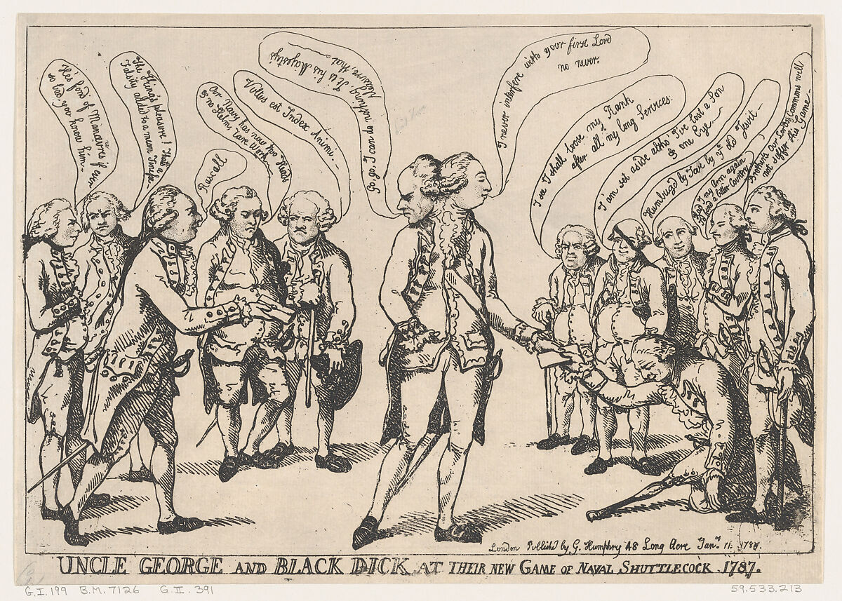 Uncle George and Black Dick at their New Game of Naval Shuttlecock, Thomas Rowlandson (British, London 1757–1827 London), Etching 