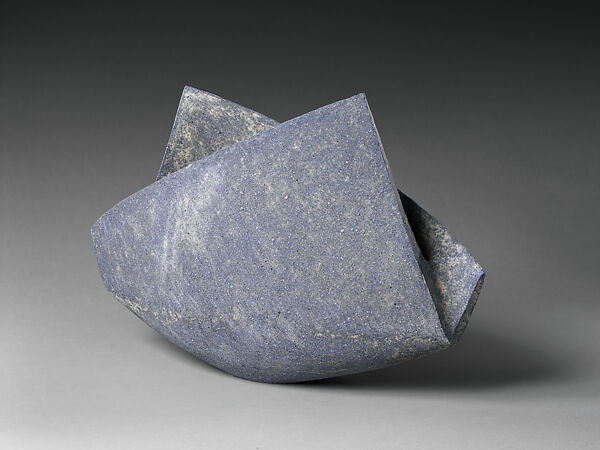 Large Folded Vessel with Deep Blue-Grey and Cream Tones, Mihara Ken (Japanese, born 1958), Stoneware with natural ash glaze; multiple firings, Japan 