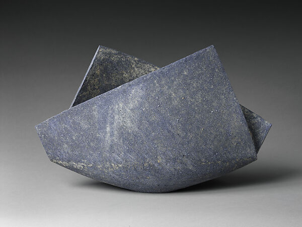 Large Folded Vessel with Deep Blue-Grey and Cream Tones, Mihara Ken (Japanese, born 1958), Stoneware with natural ash glaze; multiple firings, Japan
