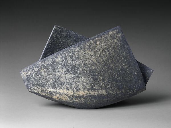 Large Folded Vessel with Deep Blue-Grey and Cream Tones, Mihara Ken (Japanese, born 1958), Stoneware with natural ash glaze; multiple firings, Japan