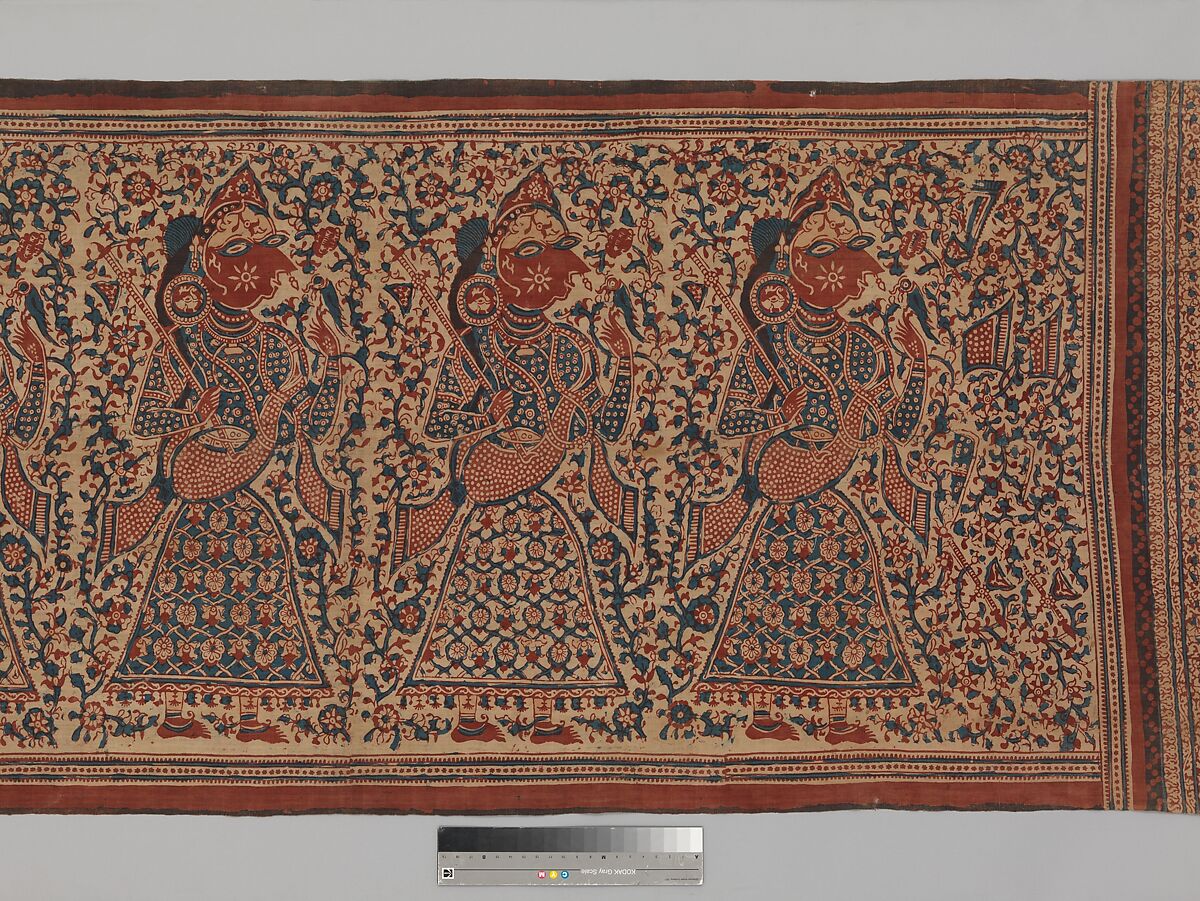 Painted Textile Depicting Celestial Musicians, Block-printed plain-weave cotton (mordant- and resist-dyed), India (Gujarat)