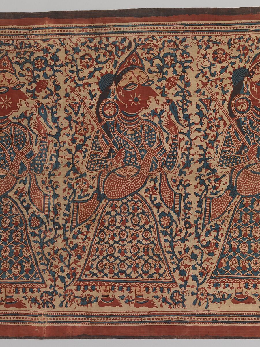 Painted Textile Depicting Celestial Musicians, Block-printed plain-weave cotton (mordant- and resist-dyed), India (Gujarat) 