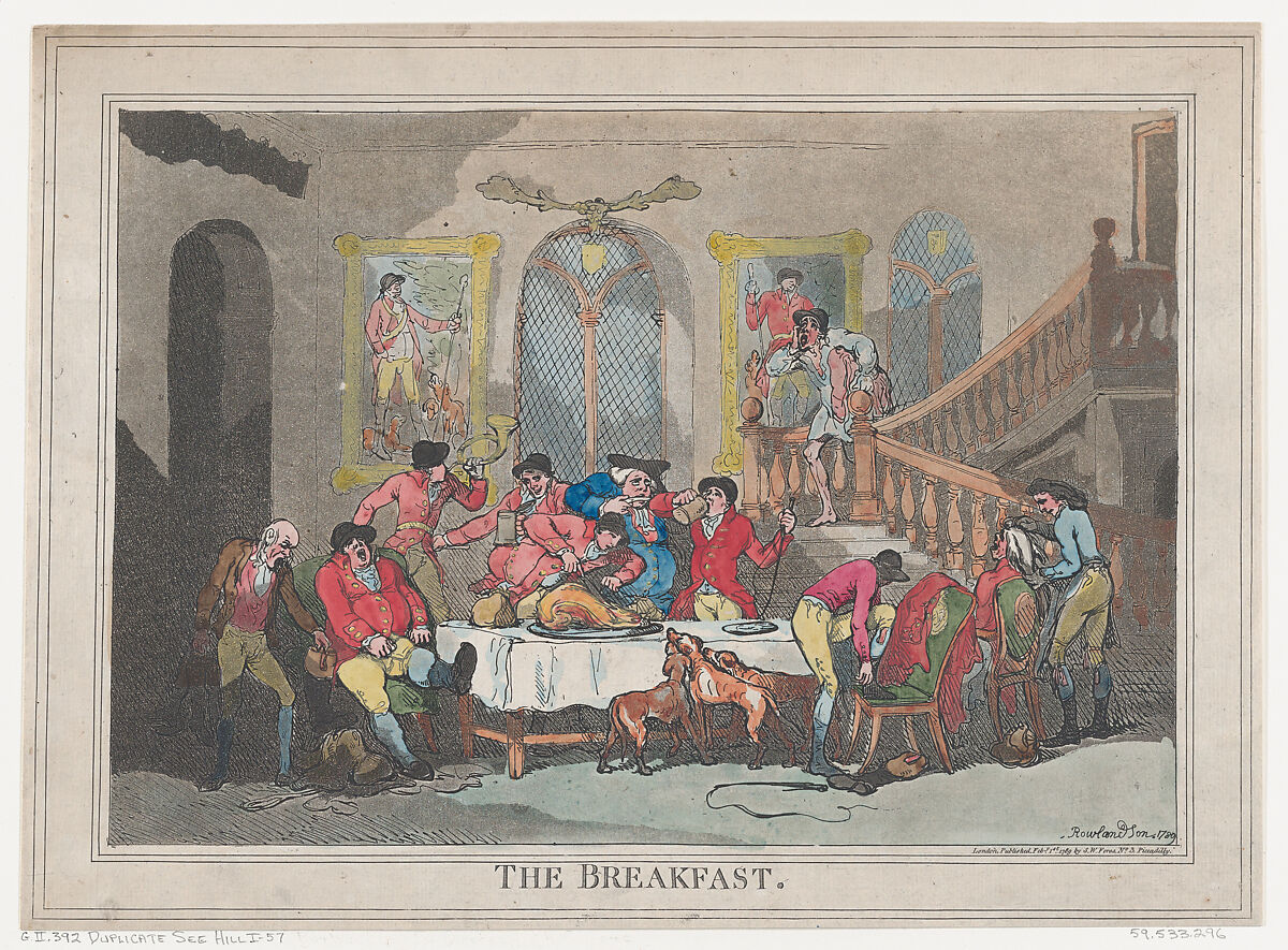 The Breakfast, Thomas Rowlandson (British, London 1757–1827 London), Hand-colored etching and aquatint 