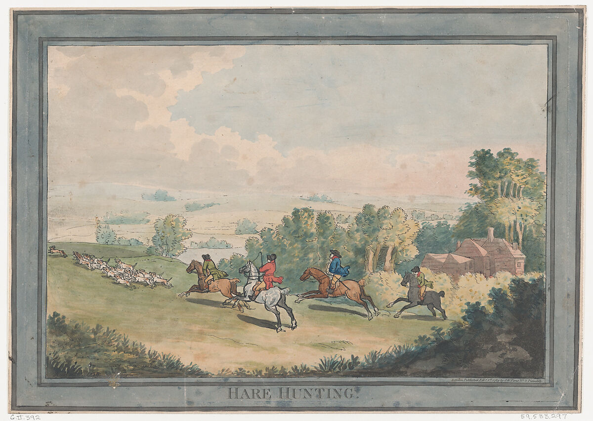 Hare Hunting, Thomas Rowlandson (British, London 1757–1827 London), Hand-colored etching and aquatint 