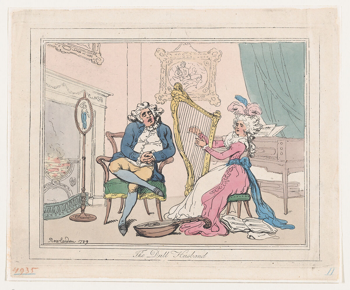 The Dull Husband, Thomas Rowlandson (British, London 1757–1827 London), Hand-colored etching and aquatint 