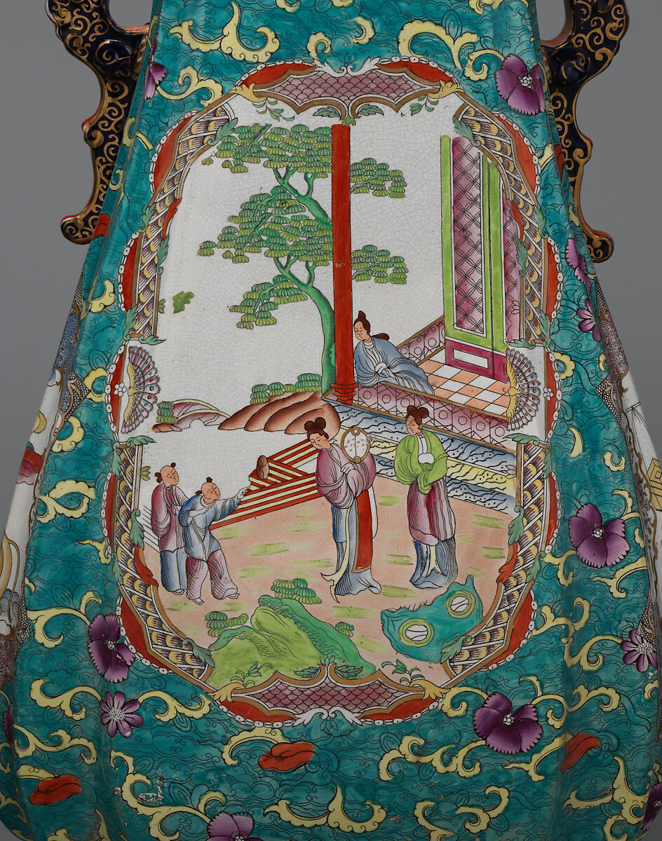 Vase with lid (one of a pair), C. J. Mason and Co. (British, 1826–1848), Earthenware with transfer-printed and enamel decoration, British, Fenton, Staffordshire