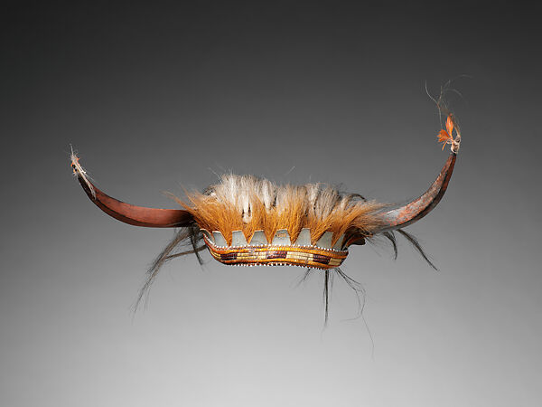 Horned Headdress, Buffalo rawhide, native tanned leather, porcupine quills, bison or cow horn, glass beads, dyed deer hair and horsehair, Eastern Plains or Western Great Lakes 