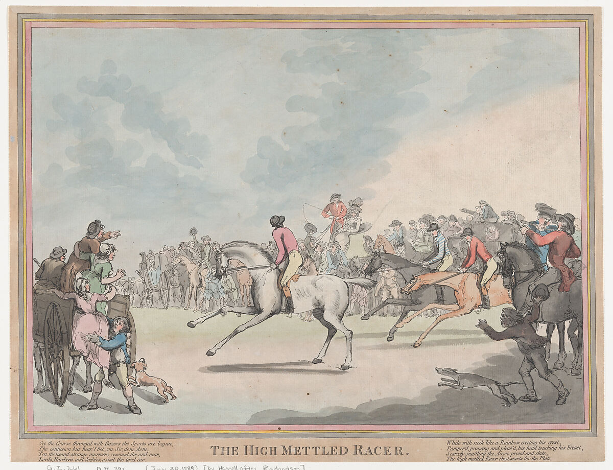 The Race Horse (from The Life of a Racehourse, or The High-Mettled Racer), John Hassell (British, 1767–1825), Hand-colored etching and aquatint; first state 