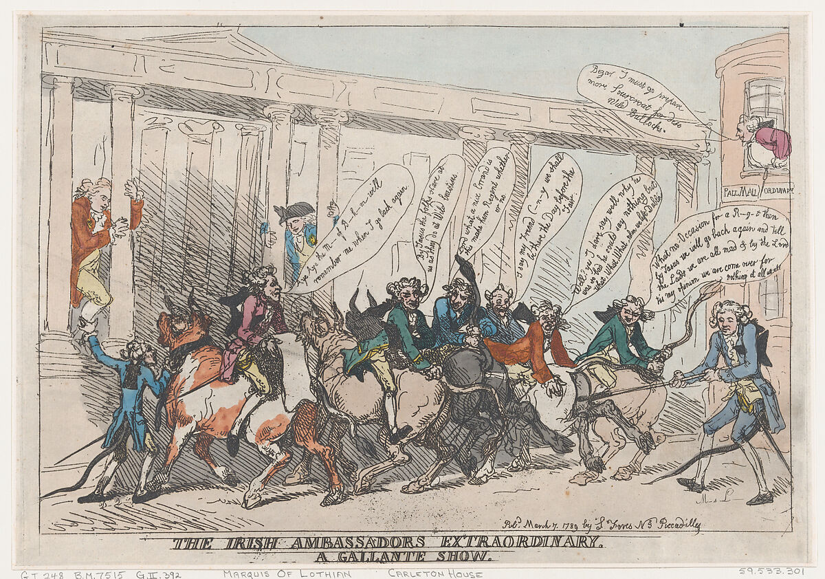 The Irish Ambassadors Extraordinary, A  Gallante Show, Thomas Rowlandson (British, London 1757–1827 London), Hand-colored etching 