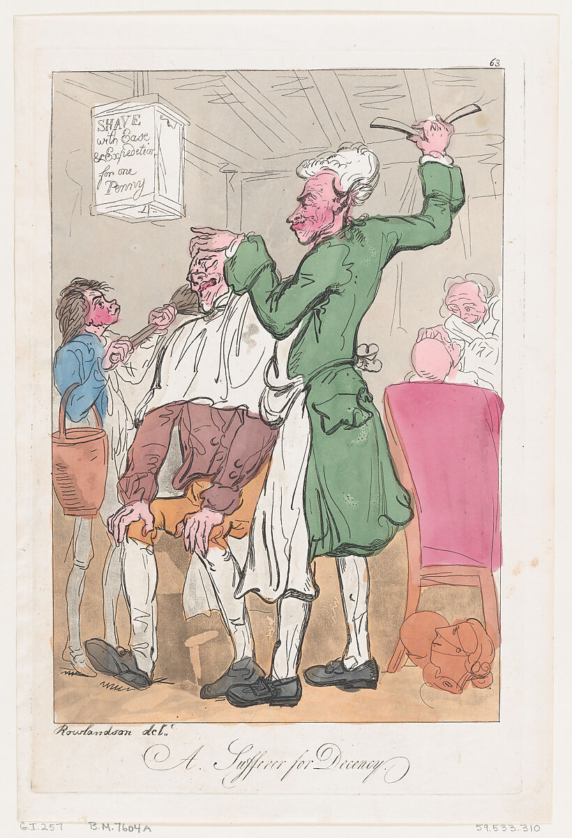 A Sufferer for Decency, Thomas Rowlandson (British, London 1757–1827 London), Hand-colored etching and aquatint 