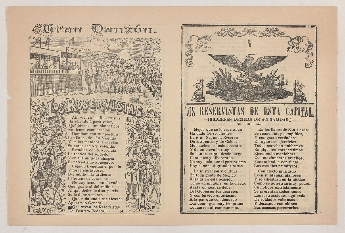 Broadsheet with a song about a military reserve, military personnel in formation, José Guadalupe Posada (Mexican, Aguascalientes 1852–1913 Mexico City), Type-metal engraving, zincograph and letterpress printed on tan paper 