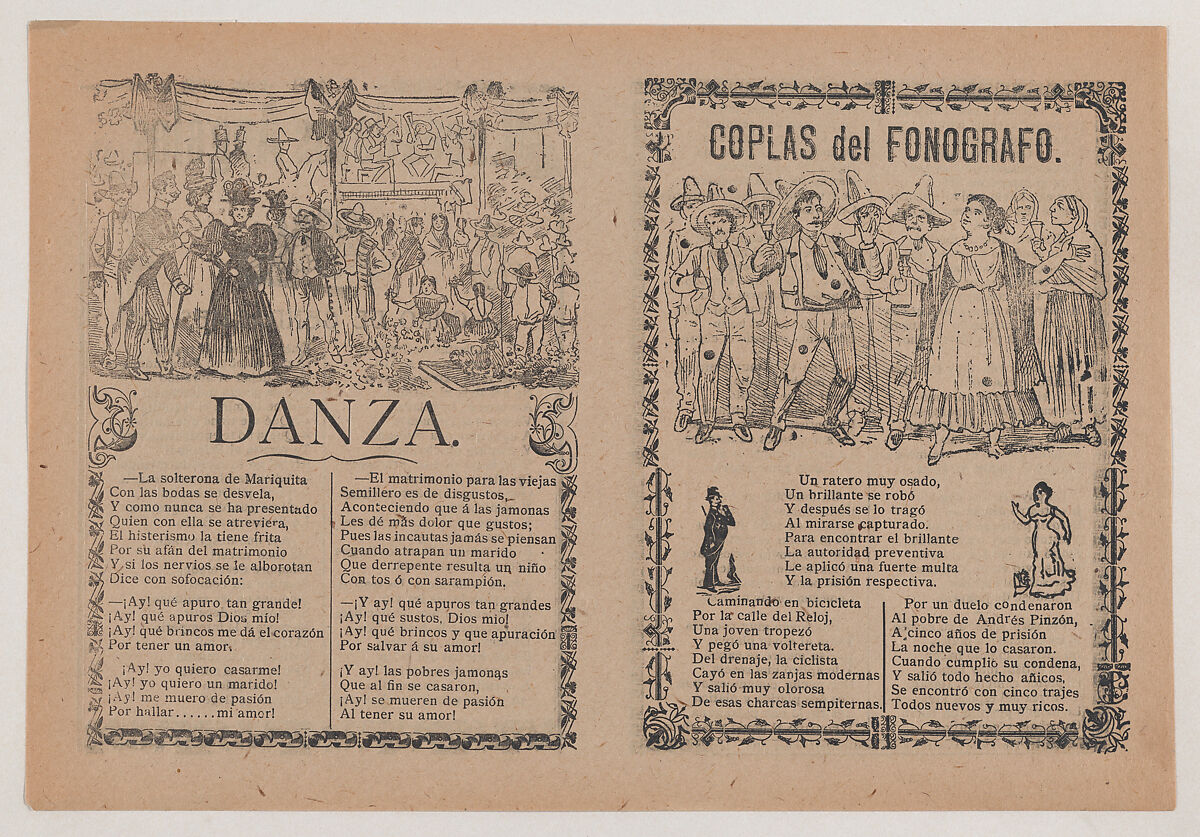 Broadsheet with two different songs showing a group of men huddled around a woman on the left and a group of people holding glasses on the right, José Guadalupe Posada (Mexican, Aguascalientes 1852–1913 Mexico City), Zincograph and letterpress printed on tan paper 