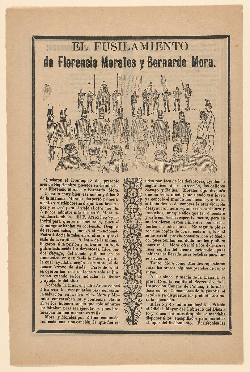 Broadsheet relating to the execution of Florencio Morales and Bernardo Mora, José Guadalupe Posada (Mexican, Aguascalientes 1852–1913 Mexico City), Zincograph and letterpress on tan paper 